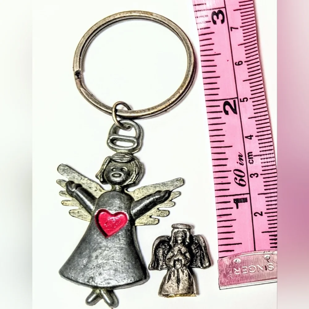 Vtg Pewter Angel Keychain with Red Heart + Ganz angel Nano figurine 1950s